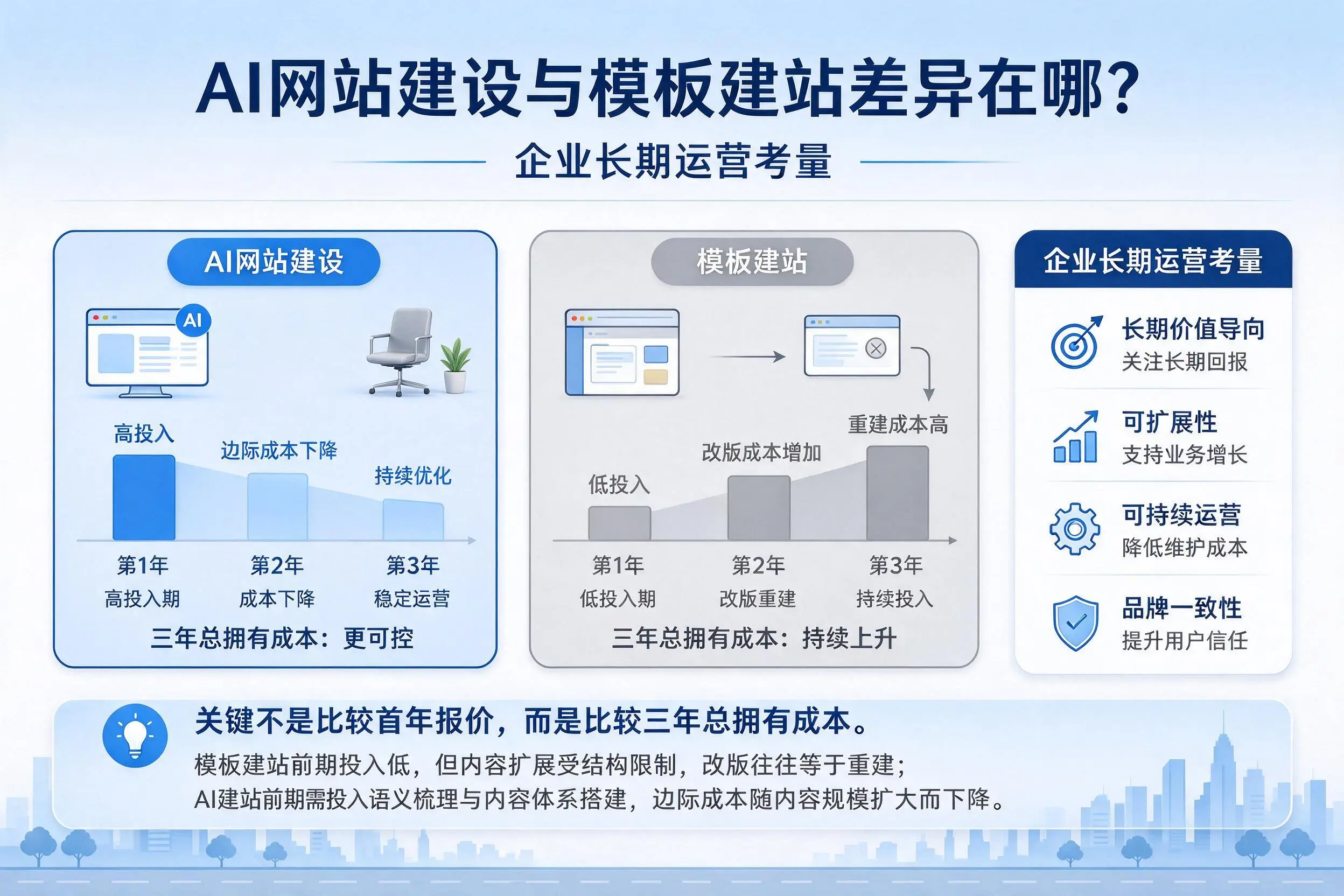 AI网站建设与模板建站差异在哪？四平企业长期运营考量